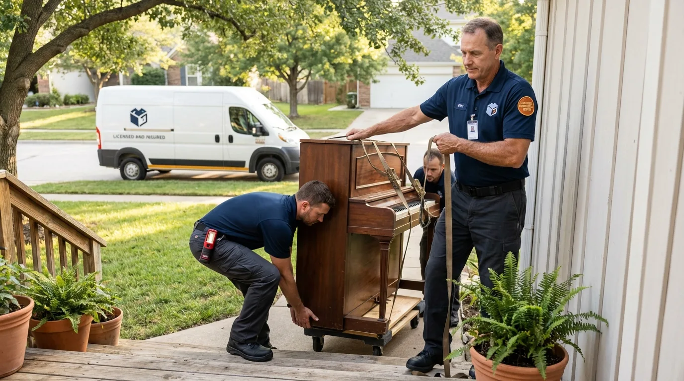 Licensed piano movers securing grand piano in Mantorville, MN