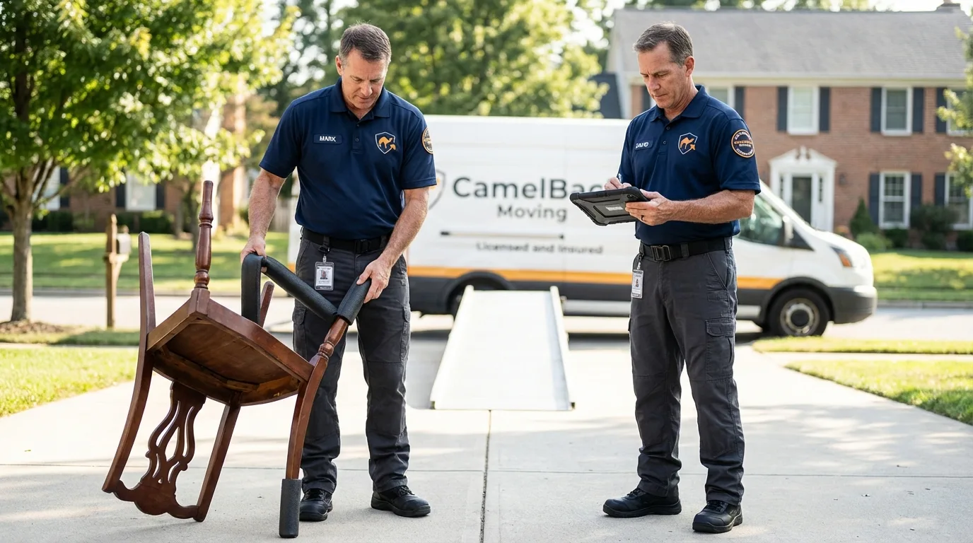 Movers inspecting furniture for damage prevention before loading in Mantorville, MN