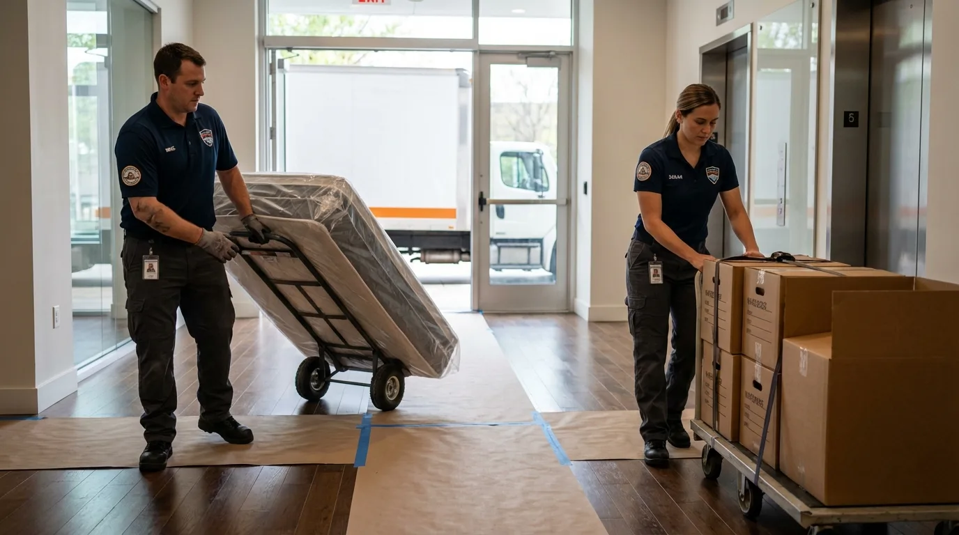 Professional apartment movers loading elevator in Mantorville, MN
